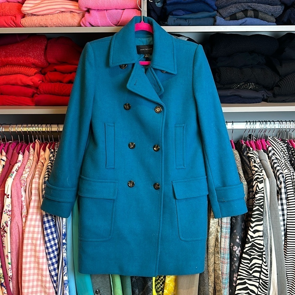 Ann Taylor dark teal knee length pea coat size XS
